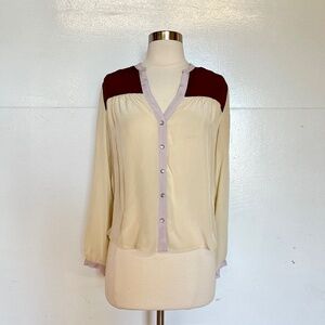 100% Silk V Neck Button Down Blouse Shirt Red Wine Color Block Cream Ivory White